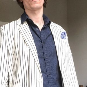 Unlined Tan Blazer, Vertical Navy Stripe